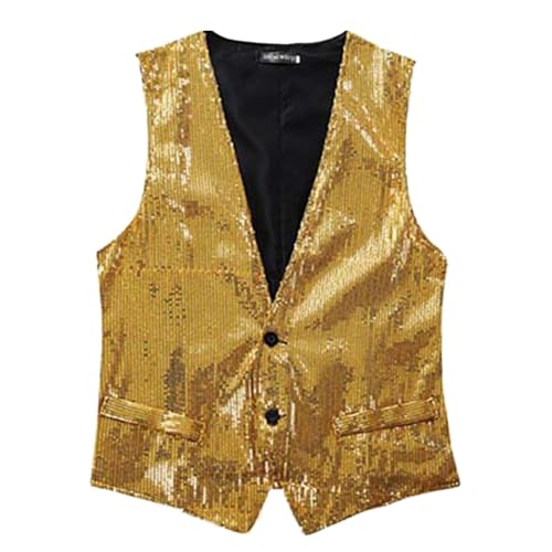 Generisch Herren Glänzende Pailletten Weste V-Ausschnitt Anzugweste Karneval Glitzer Outfit Gold Slim Fit Polyester Generisch Herren Glänzende Pailletten Weste V-Ausschnitt Anzugweste Karneval Glitzer Outfit Gold Slim Fit Polyester