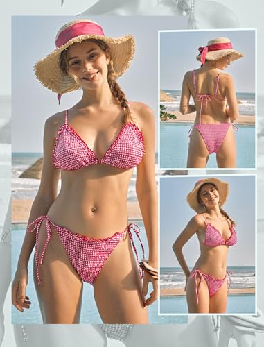 ZAFUL Women's Triangle Bikini Set Ruffle Smocked String High Cut Swimsuit Cheeky Two Piece Bathing Suit2