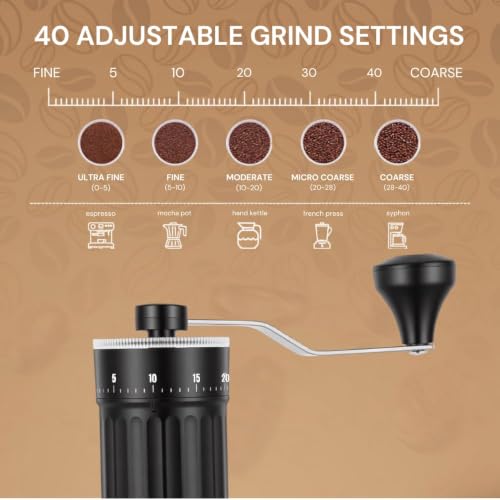 Image of Ash & Roh Manual Coffee Grinder with 40 Adjustable Grind Settings, Conical Ceramic Burr, Hand Crank Bean Mill with Glass Jar for Espresso, French Press & Travel