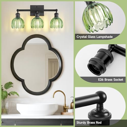 Image of Bathroom Lighting Fixtures Over Mirror,3 Light Vintage Vanity Light,20 in Antique Black Bathroom Sconce with Green Tulip Glass Shade for Bedroom Living Room,Dressing Table,Hallway,E26 Base