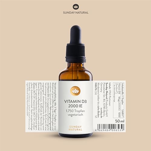SUNDAY NATURAL® Vitamin D3 Tropfen Hochdosiert – 2000 IE Sunferol® D3 pro Tropfen – Premium Vitamin D hochdosiert in MCT-Kokosöl gelöst, Langzeitvorrat (50 ml), laborgeprüft