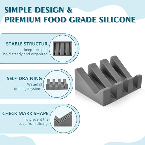 Coipdfty Soap Dishes, Silicone Shower Soap Dish with Drianage, Bar Soap Holder & Saver Waterfall Self-Draining to Keep Your Bar Soap Organized and Clean (1, Grey) - Thumbnail 3
