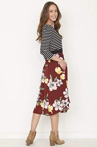 Image of Eloges Women's 3 /4 Sleeve Contrast Waist Band Floral Curved Hem Midi Dress