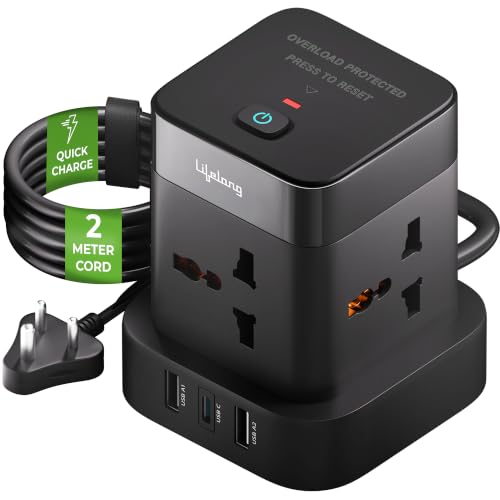 Lifelong Electronics Extension Board 7-in-1 with Switch | 4 AC Sockets + 3 USB Ports (2 Type A + 1 Type C) | Overload Protection | Desk Accessories & Multiplug Gadget | 2M Cord (Model: Cube)