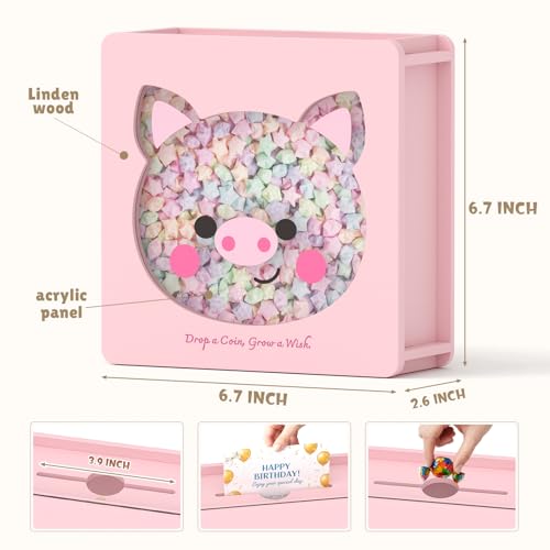 Image of Summidate Wooden Money Saving Box, Clear Window Cash Vault Savings Box with DIY Stickers, Reusable Personalized Piggy Bank for Kids & Adults, Birthday /Baby Shower /Wedding Gift