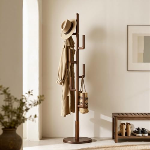Vcalnil Coat Rack Solid Wood Cactus Freestanding Coat RackWith 6 L-Shaped Hooks and 3 Adjustable Sizes Coat Tree for Bedroom Entryway Livingroom Coat Hanger Stand for Coats Handbags (Walnut)