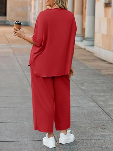 Image of Beautife Women's Plus Size 2 Piece Outfits 3 /4 Batwing Sleeve Capelet Crew Neck Pullover Top Wide Leg Pants Lounge Set