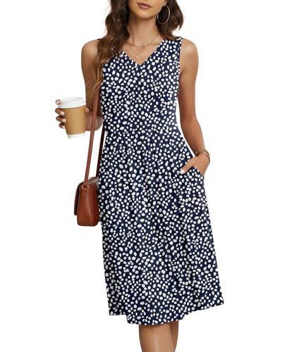 Image of NILOUFO Sleeveless Dress for Women Summer Knee Length Sundress with Pockets | Sundresses for Women Tank Empire Waist Sun Dress Cold Shoulder Casual V Neck Midi Dress Flowy Summer Dresses for Women