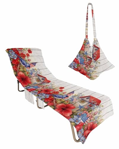 Spring Summer Flower Birds Beach Chair Towel Covers for Chaise Lounge with Side Pocket, Soft Plush Pool Towels Cover for Patio Sunbathing Outdoor 29''x85'' 4th of July Farmhouse Red Floral