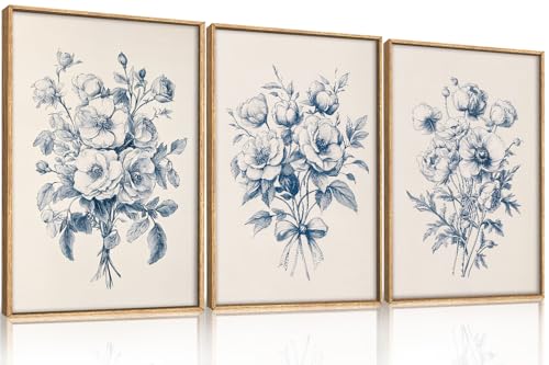 Image of KAIRNE Navy Blue Floral Framed Canvas Wall Art Set,Vintage Botanical Flower Wall Decor,Modern Minimalist Bouquet Art Prints,Neutral Rose Artwork for Living Room,Bedroom,Farmhouse,Office-24 x36 x3