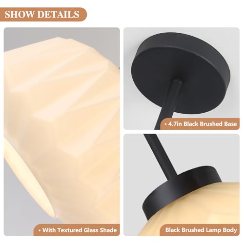 Image of Modern Black Ceiling Light Semi Flush Mount Ceiling Lights Fixture with White Striation Glass Shade for Entryway Bedroom Kitchen Foyer