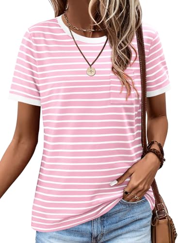 KISSMODA Womens Striped Tshirts Crew Neck Short Sleeve Shirts for Ladies Color Block Loose Fit Tee Tops