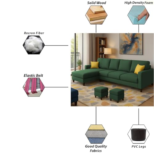 Image of Casaliving Rolando 6 Seater L Shape Sofa Set with 2 Puffy for Living Room (Green) Left Side Sofa Set for Living Room | Hall| Office Room