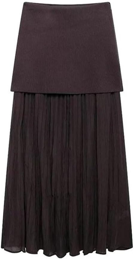 Women's Fashion Knitted Patchwork Pleated Side Zipper Midi Skirt Vintage High Waist Chic Bodycon Pencil Skirt