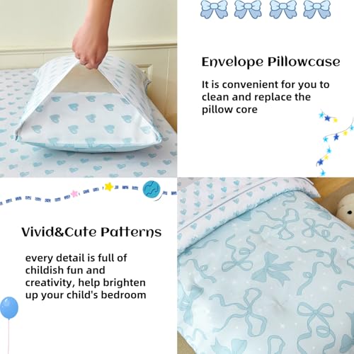 Image of PERFEMET 4 Pieces Light Blue Toddler Comforter Set for Girls, Reversible Blue Bow Printed Toddler Bedding Sets with Sheets, Ultra Soft Lightweight Baby Girl Bed Set for All Seasons