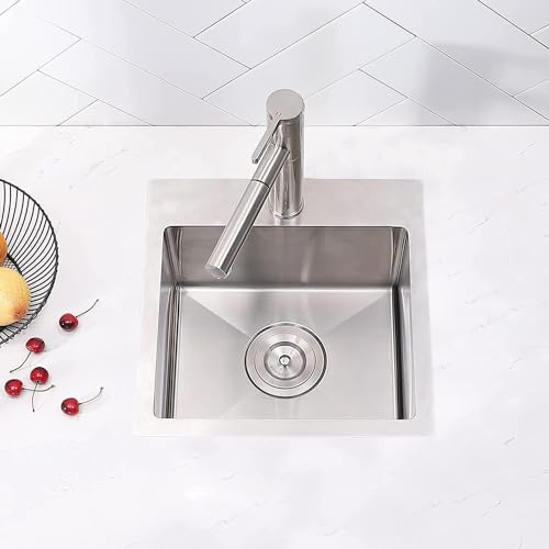 Image of SHACO 15x15 Inch Drop In Bar Sink,15 Inch Stainless Steel Top mount Small Single Bowl Kitchen Bar Sink,16 Gauge Brushed Nickel Small Kitchen Prep Sink with Strainer Drain