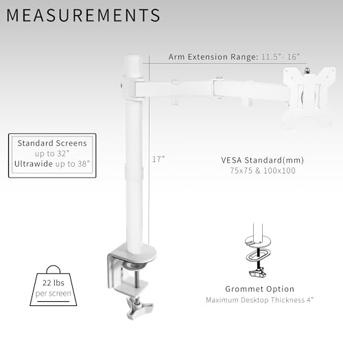 Image of VIVO Single Monitor Arm Desk Mount, Holds Screens up to 32 inch Regular and 38 inch Ultrawide, Fully Adjustable Stand with C-Clamp and Grommet Base, VESA 75x75mm or 100x100mm, White, STAND-V001W