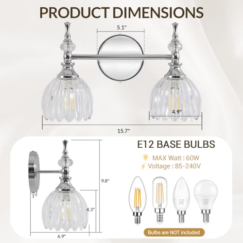 Image of ANDY STAR 2-Light Chrome Bathroom Vanity Light, Transitional Sconce | Ribbed Glass & Crystal Accent, Damp-Resistant, Ceramic E12 Base, Reversible Up /Down Mounting