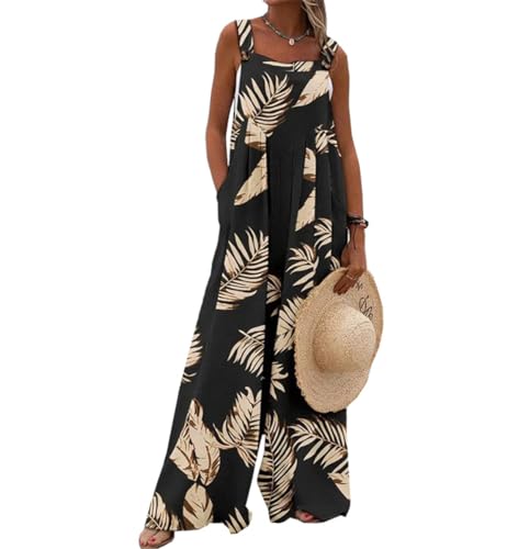 QUNERY Salopette Femme Combinaison Boheme Motif à Fleurs Fluide Salopette ete Sans Manches Ample Jumpsuit avec Poche Noir M