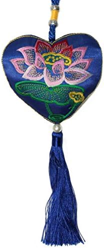 Lucore Chinese Lucky Lotus Flower and Good Fortune Decoration - 4 Inch Heart Shaped Feng Shui Hanging Pouch, Ornament and Charm (Blue)