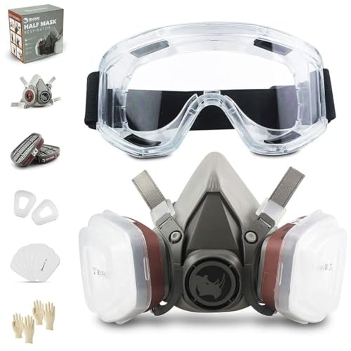 RHINO Smart Solutions Respirador Mascarilla Pintura, Polvo y Gases Orgánicos A1 | Mascara de Proteccion RH-M101 Reutilizable Antipolvo con Gafas de Proteccion, Guantes y Filtro de Carbon Activo