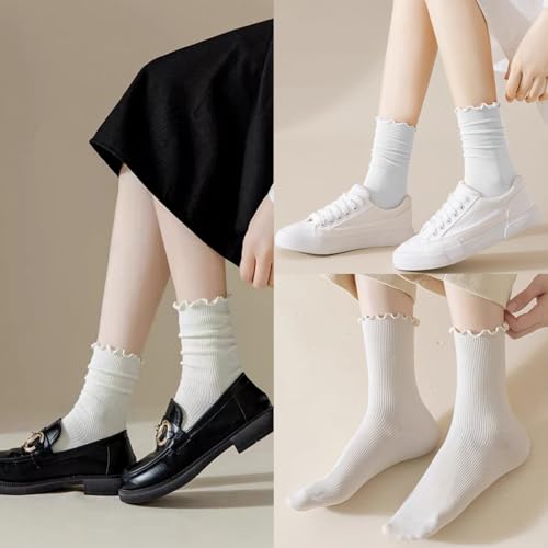 BONANGEL Ruffle Socks Woman, 6 Pairs Cute White Turn-Cuff Lettuce Edge Ruffle Frilly Socks Women2