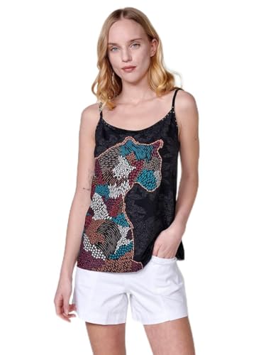 Koroshi Top de Escote Redondo y Tirantes Finos con regulador y Tejido Estampado y Detalle de Estampado Animal con perfíl en relive y Detalle de tachas en el Escote del Frontal