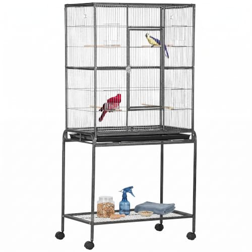 PawHut Jaula para Pájaros con Ruedas Pajarera 81x48x162,5 cm Negro y Gris