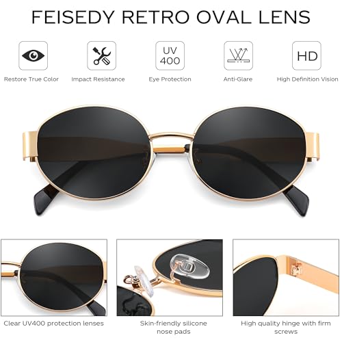 FEISEDY Trendy Retro Oval Sunglasses for Women Men Small Metal Frame Sun Glasses UV400 Shades B01244