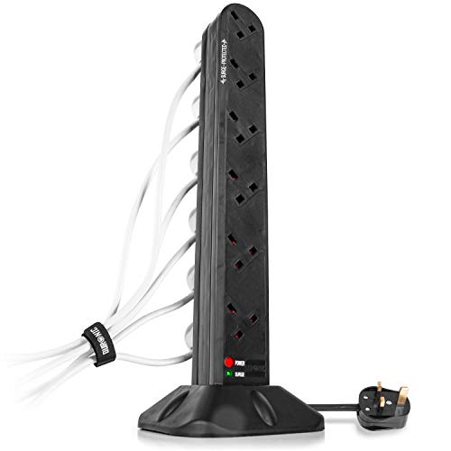 Duronic 12 Way Extension Lead Tower ST12B | 12 Gang Power Strip Cord | Surge & Spike Protector | UK Plug Sockets | BLACK | Electric Multi Plug Adapter | Max. 3000W Capacity | 1.8 Meter Power Cable