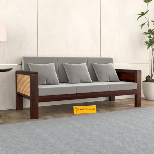 Image of Sheesham Wooden 3 Seater Sofa for Living Room | Solid Wood Sofa with Cane Side Panel | Rosewood Sofa Set for Home & Office | Lounge (Walnut Finish, 3 Seater)