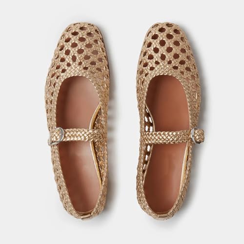 Women's Woven Ballet Flats Shoes Metallic Buckle Strap Round Toe Mesh Mary Jane Flats Casual Comfortable Ballerina Flat Shoes3