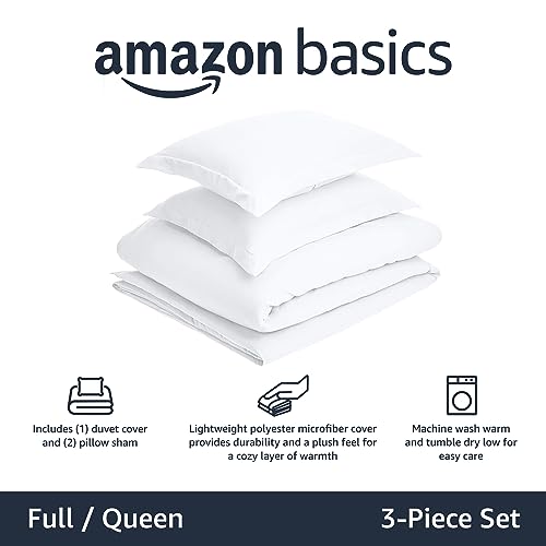 Amazon Basics Lightweight Wrinkle-Resistant Microfiber 3 Piece Duvet Cover Set with Zipper Closure, Full/Queen, Bright White view 2