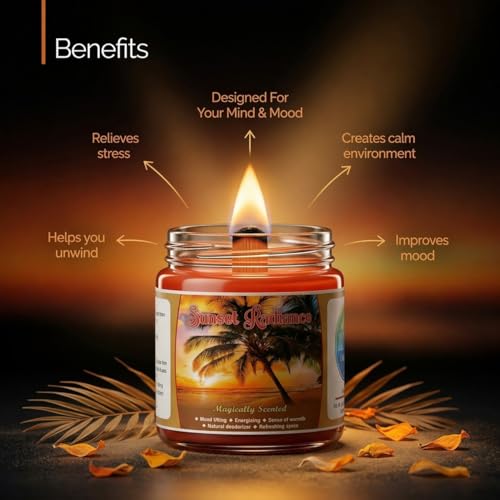 Image of Scented Candle (142g) | Sunset Radiance Glass Jar Scented Candles with Wooden Wick | Long Lasting Aromatic Fragrance for Home Decor