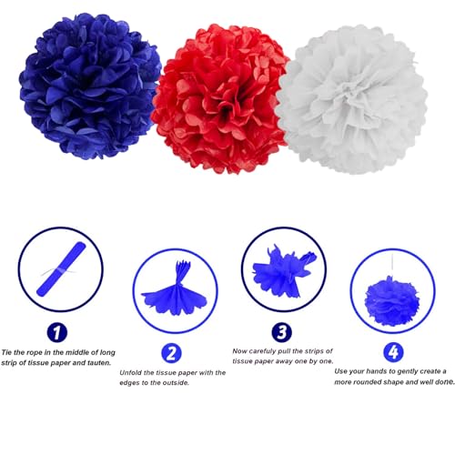Image of We Moment Red, Blue and White Paper Pom Poms Decorations for 4th Fourth of July,Independence Day Patriotic Decorations, Red Blue and White Ceiling Wall Hanging Tissue Flowers Decorations 12pcs