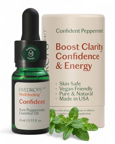 LIVEDROPS 24/7 Confident Peppermint Essential Oil, Natural Vegan Aromatherapy for Diffuser or Diluted Skin Use, Cooling Mint Scent, Steam Distilled Made in USA, Clinically Tested, 10ml