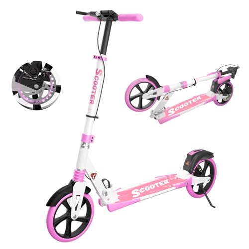 MEE GOO Patinete para adultos con freno de disco y amortiguadores dobles, ruedas de poliuretano de 200 mm, rodamientos ABEC-7, plataforma antideslizante (rosa/blanco/azul) – Máximo 100 kg (pincho)