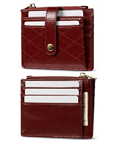 Slim Wallet for Women Minimalsit Bifold Leather Purse RFID Blocking Small Credit Card Wallet with Zipper Pocket(Wine)