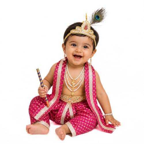 Image of ITSMYCOSTUME Krishna Dress for Baby Boy Kids Set of 10(Dhoti,Patka,Hip Cover,Mukut,Morpankh,Bansuri,Kamarband,Bajuband,Kundal) Little Krishna Ji Kanha Janmasthmi Costume for Kids