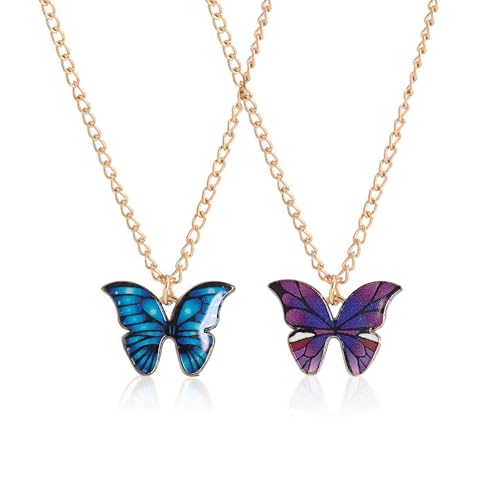 KSBBHDS 2 Colgantes de Mariposa, Collar de Aleación, Regalo Ideal para Novias y Mejores Amigos (Azul, Morado), Metal