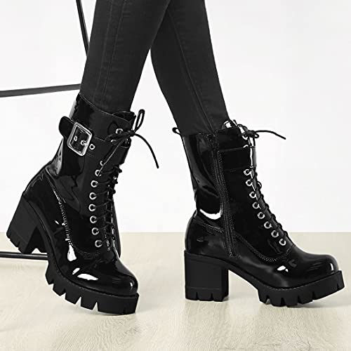 Allegra K Allegra K Women's Zip Platform Chunky Heel Combat Black Boots 8 M US