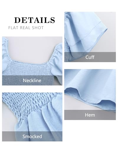 Women's Summer Peplum Tops Lightblue Square Neck Ruffle Trim Short Sleeve Blouse Smocked Top Dressy Casual Shirts Light Blue XL