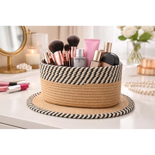 Image of Remote Stand for Table | Cotton Rope Storage Basket for Makeup Organisers, Coffee Table Organiser & Remote Holder for Living Room | Eco-Friendly Dual-Tone Organizer with Mat (ZEB-Black & Beige)