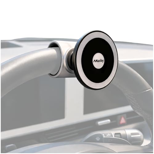 Maxby Steering Wheel Phone Holder for Parked Use Magnetic Car Mount Quick Attach Strap Strong Magnetic Hold Ball Joint Angle Adjustment Hands-Free Viewing While Waiting