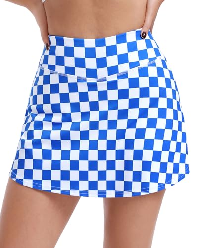 AHLW Womens Checkered Tennis Skirts High Waisted Athletic Golf Skorts with Pockets Workout Running Mini Skirts with Shorts