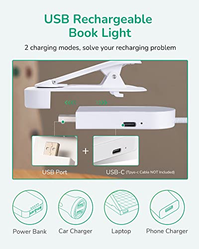 Image of EDISHINE Reading Light, USB Rechargeable Clip On Book Light, 3 Color Modes & Stepless Dimmable, 2 Charging Modes, Eye Care LED Lamp for Readers, Kids, Bookworms, Travel (White)