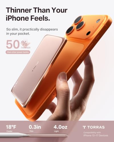 Image of TORRAS MiniMag Pro Power Bank, Ultra Slim Semi Solid-State Portable Charger, Wireless 5,000mAh Magnetic Battery Pack, Fast Charging, Travel Essential for iPhone 17 /16 /15 /14 /13 /12, Blush Pink