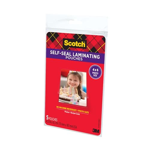Image of Scotch Self-Sealing Laminating Pouches, Gloss Finish, Photo Size 4 x 6 Inches, 5 /Pack