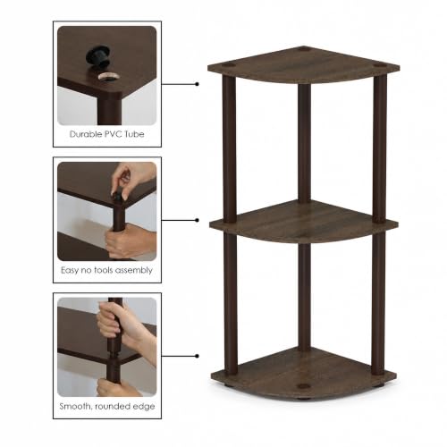 Image of Furinno Turn-N-Tube Toolless Assembly 3-Tier Storage Shelves, Walnut | Black Corner Shelf, Open Storage Book Shelf, for Organization and Storage, Living Room, Home Office, Bedroom