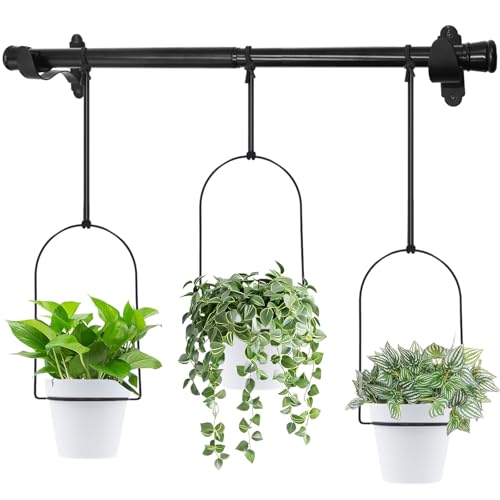 DOUBFIVSY Hanging Planters for Indoor Plants Plant Hanger, Adjustable Hanging Window Planter Hanging Wall Planter for Garden, 23in Plant Shelves Metal Holder Rod with Pots (Black)